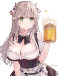  1girl :q alcohol animal_ears apron bangs beer beer_mug black_bow black_neckwear blush bow bowtie breasts brown_skirt character_name commentary copyright_name corset cow_ears cow_horns cup detached_collar dirndl eikaa flower german_clothes green_eyes hair_flower hair_ornament hand_up heart holding holding_cup hololive horns large_breasts long_hair looking_at_viewer mug shirogane_noel short_sleeves silver_hair simple_background skirt solo symbol-only_commentary tongue tongue_out twitter_username upper_body virtual_youtuber white_apron white_background white_flower 