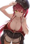 1girl :q bikini black_headwear black_jacket breasts collarbone eyebrows_visible_through_hair hand_up hat heterochromia highres hololive houshou_marine index_finger_raised jacket large_breasts looking_at_viewer red_bikini red_eyes redhead runep shorts simple_background solo swimsuit tongue tongue_out virtual_youtuber white_background white_shorts yellow_eyes 