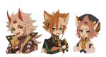  1girl 2boys animal_ear_fluff animal_ears arataki_itto bangs bangs_pinned_back blue_eyes brown_hair cat_ears cat_girl cropped_torso diona_(genshin_impact) fang fangs fox_boy fox_ears genshin_impact gorou_(genshin_impact) green_eyes hair_between_eyes hair_ornament hat horns iwashi_(iwashi008) japanese_clothes long_hair multicolored_hair multiple_boys open_mouth parted_lips red_eyes short_hair simple_background skin_fang streaked_hair tongue tongue_out vision_(genshin_impact) white_background white_hair 