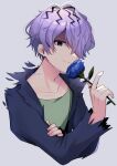  1boy black_eyes blue_flower blue_jacket blue_rose closed_mouth cropped_torso flower garry_(ib) green_shirt grey_background highres holding holding_flower ib jacket konogi_nogi looking_at_viewer open_clothes open_jacket purple_hair rose shirt short_hair signature simple_background smelling_flower smile solo twitter_username upper_body 