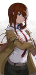  1girl blue_eyes crossed_arms highres hiroki_(yyqw7151) jacket long_hair long_sleeves looking_at_viewer makise_kurisu necktie red_neckwear redhead shirt solo steins;gate white_shirt yellow_jacket 