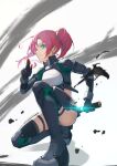  1girl alice_gear_aegis bangs black_footwear black_gloves blue_eyes boots breasts dagger gloves hair_behind_ear highres holding holding_dagger holding_weapon kaeruzaka_raiya keith8387 knife light_smile looking_at_viewer one_knee pink_hair sheath side_ponytail small_breasts solo thigh-highs thigh_boots unsheathing weapon white_background 
