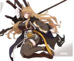  1girl animal_ears arknights asumi_maboroshi axe breasts brown_hair ceobe_(arknights) character_name coat dog_ears highres large_breasts long_hair red_eyes smile thigh-highs weapon weapon_on_back 