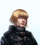  1girl alternate_costume apex_legends artist_name bangs blonde_hair blue_eyes commission english_commentary gign highres looking_to_the_side maseo portrait scar scar_on_cheek scar_on_face short_hair smile solo tactical_clothes wattson_(apex_legends) 