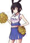  1girl absurdres bangs bare_shoulders black_hair blue_skirt blush breasts cheerleader crop_top elfenlied22 fate/grand_order fate_(series) head_wings highres holding holding_pom_poms large_breasts looking_at_viewer midriff navel one_eye_closed ortlinde_(fate) pom_pom_(cheerleading) red_eyes shirt short_hair skirt smile solo thighs valkyrie_(fate) white_shirt 