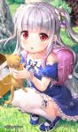  1girl :o animal backpack bag bangs blue_dress blue_footwear blurry blurry_background blush bow cat character_request collarbone commentary_request day depth_of_field dress eyebrows_visible_through_hair frilled_dress frilled_legwear frills fujima_takuya full_body grey_hair hair_bow highres holding holding_animal isekai_ni_tobasaretara_papa_ni_nattandaga long_hair looking_at_viewer off-shoulder_dress off_shoulder outdoors parted_lips puffy_short_sleeves puffy_sleeves randoseru red_eyes shoes short_sleeves solo squatting thigh-highs twitter_username two_side_up very_long_hair white_bow white_legwear 