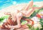  1girl absurdres arm_up armpits artist_name barefoot beach bikini blanket blurry blurry_foreground breasts brown_hair collarbone commentary commission depth_of_field doki_doki_literature_club english_commentary food fruit green_eyes green_nails hair_ribbon hand_on_own_thigh highres large_breasts lens_flare long_hair looking_at_viewer lying monika_(doki_doki_literature_club) navel on_back potetos7 ribbon sand side-tie_bikini smile solo swimsuit tray very_long_hair water watermelon_slice white_bikini white_ribbon 