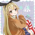  1girl alternate_costume blonde_hair blue_skirt brown_jacket cocoperino dated grey_eyes jacket kantai_collection long_hair looking_at_viewer one-hour_drawing_challenge plaid plaid_background plaid_skirt rensouhou-chan shimakaze_(kancolle) sitting skirt sleeves_past_wrists solo striped striped_legwear thigh-highs twitter_username v 