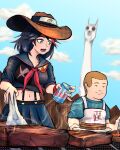  1boy 1girl absurdres alcohol apron armband beer beer_can black_hair blue_eyes blue_sky bobby_hill brown_hair can clouds cowboy_hat crossover food forehead_protector grill hat highres holding holding_can kill_la_kill king_of_the_hill matoi_ryuuko midriff multicolored_hair neckerchief nyanko_daisensou open_mouth outdoors school_uniform serafuku shirt skirt sky smile steak steam streaked_hair suspender_skirt suspenders t-shirt tactimint 