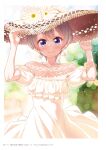  1girl bangs blurry blurry_background blush closed_mouth collarbone copyright_name day dress earrings eyebrows_visible_through_hair hair_between_eyes hat highres hoshikawa_hotaru jewelry looking_at_viewer necklace new_game! off-shoulder_dress off_shoulder official_art outdoors page_number short_sleeves smile solo standing straw_hat sun_hat sundress tokunou_shoutarou violet_eyes white_dress yellow_headwear 