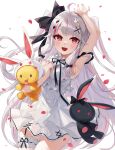  1girl :d absurdres ahoge arm_up armpits bangs bare_arms bare_shoulders bird_hair_ornament black_bow bow bunny_hair_ornament commentary_request dress eyebrows_behind_hair grey_hair hair_bow hair_ornament hairclip highres kaguya_(srx61800) long_hair looking_at_viewer multicolored_hair nijisanji object_hug open_mouth petals purple_hair red_eyes simple_background sleeveless sleeveless_dress smile solo streaked_hair stuffed_animal stuffed_bunny stuffed_toy two_side_up very_long_hair virtual_youtuber white_background white_dress x_hair_ornament yorumi_rena 