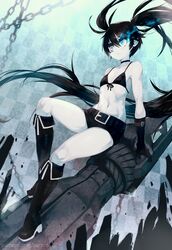  arm_cannon belt belt_buckle bikini bikini_top black_bikini black_footwear black_gloves black_hair black_rock_shooter_(character) blue_eyes boots buckle cannon chain checkered checkered_background choker debris gloves glowing glowing_eye highres long_hair pale_skin parororo rock scar short_shorts shorts swimsuit twintails uneven_twintails weapon 