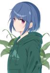  1girl alternate_hair_length alternate_hairstyle bangs blue_hair blush bob_cut closed_mouth clothes_writing commentary_request drawstring eyebrows_visible_through_hair green_hoodie hood hood_down hoodie looking_at_viewer nekosination shima_rin short_hair simple_background solo twitter_username upper_body violet_eyes white_background yurucamp 