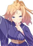  1girl blonde_hair blue_eyes blue_kimono commentary_request cowboy_shot finger_to_mouth honolulu_(kancolle) index_finger_raised japanese_clothes kantai_collection kimono long_hair official_alternate_costume ponytail sanninme_no_haru simple_background solo white_background yukata 