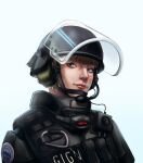  1girl alternate_costume apex_legends artist_name bangs blonde_hair blue_eyes commission english_commentary gign headset helmet highres looking_to_the_side maseo portrait scar scar_on_cheek scar_on_face short_hair smile solo tactical_clothes wattson_(apex_legends) 