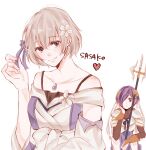  2girls armor bangs bare_shoulders breasts character_name collarbone commentary_request eyebrows_visible_through_hair flower hair_flower hair_ornament hair_over_one_eye hair_ribbon hand_up heart holding holding_weapon kaneki_ken kirishima_touka large_breasts long_sleeves multiple_girls purple_hair purple_ribbon ribbon sasako_(tokyo_ghoul) shiny shiny_hair short_hair simple_background smile tokyo_ghoul tokyo_ghoul:re toukaairab violet_eyes weapon white_flower 
