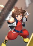  1boy akisa_(12023648) blue_eyes brown_hair fingerless_gloves gloves hood jewelry keyblade kingdom_hearts kingdom_hearts_i looking_at_viewer male_focus necklace short_hair simple_background smile solo sora_(kingdom_hearts) spiky_hair super_smash_bros. weapon 