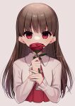  1girl blush brown_hair cropped_torso dot_nose dress flower flower_over_mouth grey_background highres holding holding_flower ib ib_(ib) konogi_nogi long_hair long_sleeves looking_at_viewer red_dress red_eyes red_flower red_rose rose shirt signature simple_background smelling_flower solo twitter_username upper_body white_shirt 
