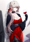  1girl black_gloves black_legwear blonde_hair braid breasts cowboy_shot cup dress drinking_glass eyepatch gloves highres holding holding_cup large_breasts long_hair original pantyhose red_dress side_braid side_ponytail solo standing very_long_hair violet_eyes waka_(shark_waka) wine_glass 