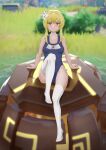  1girl 7201980305 absurdres bangs blonde_hair blurry blurry_background closed_mouth flower full_body genshin_impact grass hair_between_eyes hair_flower hair_ornament highres long_hair lumine_(genshin_impact) one-piece_swimsuit outdoors school_swimsuit sitting solo swimsuit thigh-highs white_flower white_legwear yellow_eyes 