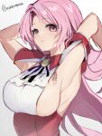  1girl armpit_cutout breasts clothing_cutout commentary_request highres kantai_collection large_breasts long_hair luigi_di_savoia_duca_degli_abruzzi_(kancolle) one-hour_drawing_challenge picoli1313 pink_eyes pink_hair red_skirt short_sleeves sideboob simple_background skirt solo twitter_username white_background 