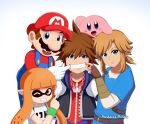  blue_eyes brown_hair facial_hair fang fangs fingerless_gloves gloves highres inkling jewelry kingdom_hearts kirby kirby_(series) link long_hair looking_at_viewer male_focus mario mole mole_under_mouth multiple_boys mustache necklace open_mouth overalls patdarux pointy_ears redhead short_hair simple_background smile sora_(kingdom_hearts) spiky_hair splatoon_(series) splatoon_1 squid super_mario_bros. super_mario_bros. super_smash_bros. tentacle_hair the_legend_of_zelda the_legend_of_zelda:_breath_of_the_wild 