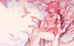 1girl animal_ears bangs bare_legs bare_shoulders bird branch breasts cherry_blossoms closed_mouth commentary detached_sleeves dove dress eyebrows_visible_through_hair feet_out_of_frame flower fox_ears from_below genshin_impact hair_between_eyes japanese_clothes large_breasts long_hair long_sleeves looking_at_animal pink_flower pink_hair priestess rimuu sitting solo thighs tree violet_eyes white_dress wide_sleeves yae_(genshin_impact)