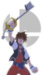  1boy blue_eyes brown_hair fingerless_gloves francisco_mon gloves highres hood jewelry keyblade kingdom_hearts kingdom_hearts_i looking_at_viewer male_focus necklace short_hair simple_background smash_invitation smile solo sora_(kingdom_hearts) spiky_hair super_smash_bros. 