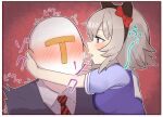  1boy 1girl animal_ears blush breasts brown_eyes commentary_request curren_chan_(umamusume) headband horse_ears horse_girl kyutai_x red_background school_uniform short_hair silver_hairs simple_background tracen_school_uniform trainer_(umamusume) umamusume whispering 