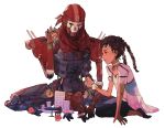  1boy 1girl alanza_andrade apex_legends black_pants black_sclera braid brown_eyes brown_hair colored_sclera doll dress hair_behind_ear holding holding_doll humanoid_robot loba_(apex_legends) macros_andrade pants piston red_bandana red_scarf revenant_(apex_legends) scarf science_fiction scowl shourou_kanna simulacrum_(titanfall) sitting twin_braids white_dress yellow_eyes younger 