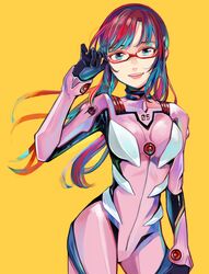  1girl absurdres adjusting_eyewear black_gloves blue_eyes bodysuit breasts glasses gloves hand_up highres long_hair looking_at_viewer makinami_mari_illustrious multicolored_hair neon_genesis_evangelion pink_bodysuit richard_(ri39p) simple_background small_breasts smile solo standing yellow_background 