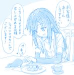  1girl 1other abyssal_ship arm_warmers asashio_(kancolle) blue_theme collared_shirt eyebrows_visible_through_hair food gotou_hisashi heart holding holding_food i-class_destroyer kantai_collection kuchiku_i-kyuu long_hair open_mouth shirt short_sleeves sitting speech_bubble translation_request 