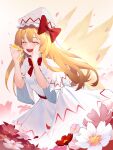  1girl arms_up bangs blonde_hair blue_eyes blush bow breasts buttons closed_eyes dress eyebrows_visible_through_hair fairy_wings flower frilled_dress frills hair_between_eyes happy hat hat_bow highres lily_white long_hair long_sleeves medium_breasts open_mouth petals red_bow red_flower repoi shouting sky smile solo standing teeth tongue touhou upper_teeth white_dress white_headwear wide_sleeves wings 