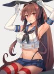  1girl armpits arms_up blush bow breasts brown_hair cosplay elbow_gloves flower gloves hair_bow hair_flower hair_ornament highres kantai_collection kasumi_(skchkko) large_breasts long_hair microskirt midriff miniskirt navel neckerchief parted_lips pleated_skirt ponytail red_eyes sailor_collar shimakaze_(kancolle) shimakaze_(kancolle)_(cosplay) sidelocks sitting skirt solo striped striped_legwear thigh-highs thong very_long_hair yamato_(kancolle) 