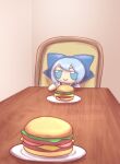  1girl artist_name bangs blue_bow blue_dress blue_eyes blue_hair bow burger chair cirno collared_shirt dress english_commentary food fumo_(doll) looking_at_viewer pinafore_dress plate pov red_neckwear red_ribbon ribbon shirt short_hair skullchimes smile solo touhou v-shaped_eyebrows white_shirt wing_collar 