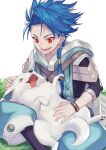  1boy 1other asymmetrical_bangs bangs blue_hair bodysuit bodysuit_under_clothes braid braided_ponytail child cu_chulainn_(fate) dog earrings fate/grand_order fate/grand_order_arcade fate_(series) hood hood_down jewelry long_hair male_focus open_mouth petting ponytail puffy_pants puppy red_eyes setanta_(fate) sitting smile spiky_hair usuke 