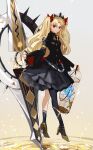  1girl armlet asymmetrical_legwear bangs birdcage black_dress black_legwear black_nails blonde_hair breasts cage chain closed_mouth commentary_request dress earrings ereshkigal_(fate) eyebrows_visible_through_hair fate/grand_order fate_(series) fingernails full_body gold_footwear gold_trim hair_ornament hair_ribbon high_heels highres holding holding_cage holding_weapon hoop_earrings jewelry long_hair long_sleeves looking_at_viewer meslamtaea_(weapon) pantyhose parted_bangs pineapple6huza polearm red_eyes red_ribbon ribbon smile solo spear tiara two_side_up uneven_legwear very_long_hair weapon 