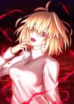  1girl antenna_hair arcueid_brunestud aura bangs blonde_hair blood breasts commentary_request dark_aura dark_persona eyebrows_visible_through_hair hair_between_eyes hair_intakes hand_on_own_face harukey highres jewelry long_sleeves medium_breasts necktie open_mouth pool_of_blood red_arcueid red_eyes short_hair slit_pupils solo sweater teeth tongue tsukihime tsukihime_(remake) turtleneck turtleneck_sweater upper_body upper_teeth white_sweater 