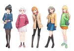  5girls :d :o ;) arashi_chisato arm_at_side arm_warmers arms_behind_back bag bangs black_footwear black_hair black_legwear black_pants black_shirt blonde_hair blue_eyes blue_jacket blue_skirt blunt_bangs blush boots bow bow_hairband breast_pocket brown_jacket brown_legwear buttons clothes_writing collared_shirt commentary crossed_legs deadnooodles double_bun eyebrows_visible_through_hair footwear_bow full_body green_eyes green_footwear green_sweater grey_footwear grey_hair hair_behind_ear hair_between_eyes hair_bow hairband hand_on_own_cheek hand_on_own_face hand_up handbag hands_up hazuki_ren heanna_sumire high_ponytail highres jacket knee_boots long_hair long_sleeves looking_at_viewer love_live! love_live!_superstar!! miniskirt multiple_girls one_eye_closed open_clothes open_jacket open_mouth orange_hair orange_hairband orange_skirt own_hands_together pants pants_tucked_in pantyhose parted_lips pink_eyes pink_footwear pink_sweater plaid plaid_jacket plaid_skirt pleated_skirt pocket ponytail shibuya_kanon shirt shoes short_hair shoulder_bag simple_background skirt sleeves_past_wrists smile sneakers socks standing sweater swept_bangs tang_keke teeth twintails upper_teeth violet_eyes watson_cross white_background white_bow white_hairband white_legwear white_shirt white_skirt yellow_eyes yellow_jacket 