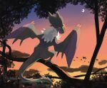  bird clouds commentary_request crescent from_behind no_humans noivern outdoors pokemon pokemon_(creature) silhouette sky solo torinoko_(miiko_draw) twilight yellow_eyes 