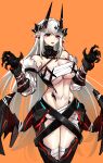  1girl absurdres arknights bandages bangs breasts casul clawed_gauntlets demon_horns ear_piercing gauntlets hair_between_eyes hair_ornament highres horns large_breasts long_hair mudrock_(arknights) navel orange_background piercing pointy_ears red_eyes revealing_clothes sarashi simple_background solo stomach white_hair 