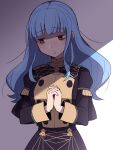  1girl alternate_hairstyle bags_under_eyes bangs blue_hair blunt_bangs blush brown_eyes buttons do_m_kaeru epaulettes eyebrows_visible_through_hair fire_emblem fire_emblem:_three_houses garreg_mach_monastery_uniform hair_down juliet_sleeves long_hair long_sleeves looking_to_the_side marianne_von_edmund own_hands_together parted_lips puffy_sleeves shaded_face shadow sidelocks solo uniform upper_body 