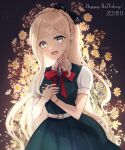 1girl :d artist_name bangs belt blonde_hair blush bow bracelet braid collared_shirt cowboy_shot danganronpa_(series) danganronpa_2:_goodbye_despair dated dress eyebrows_visible_through_hair floral_background flower foreshortening gem green_dress green_eyes happy_birthday jewelry long_hair mikao_(eanv5385) open_mouth own_hands_together puffy_short_sleeves puffy_sleeves red_bow red_neckwear shirt short_sleeves smile solo sonia_nevermind white_flower 