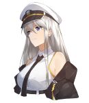  1girl azur_lane black_jacket black_neckwear blue_eyes collared_shirt commentary_request enterprise_(azur_lane) gold_trim grey_hair hair_between_eyes hat highres jacket necktie peaked_cap shirt simple_background sleeveless sleeveless_shirt solo upper_body white_background white_headwear white_shirt xinzhibifang 