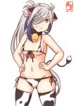  1girl ahoge alternate_costume animal_ears animal_print artist_logo asashimo_(kancolle) bell bikini breasts cow_ears cow_girl cow_horns cow_print cow_tail cowbell cowboy_shot dated eyebrows_visible_through_hair gradient_hair grey_eyes grin hair_over_one_eye hands_on_hips horns kanon_(kurogane_knights) kantai_collection long_hair looking_at_viewer multicolored_hair navel neck_bell one-hour_drawing_challenge ponytail print_bikini print_legwear purple_hair side-tie_bikini silver_hair simple_background small_breasts smile solo swimsuit tail teeth thigh-highs very_long_hair white_background 