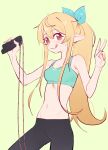  1girl :q absurdres alternate_costume armpit_crease bare_shoulders blonde_hair eds groin hair_ribbon highres jump_rope long_hair midriff navel nijisanji nijisanji_en pants pointy_ears pomu_rainpuff ponytail red_eyes ribbon simple_background solo sports_bra sweat tongue tongue_out v virtual_youtuber yoga_pants 