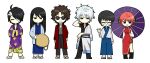  2girls 4boys bandage_over_one_eye black_hair blue_hakama brown_hair china_dress chinese_clothes commentary_request dbd471 dress gintama glasses hadanugi_dousa hakama japanese_clothes kagura_(gintama) katsura_kotarou kimono korean_commentary long_hair mixed-language_commentary multiple_boys multiple_girls orange_hair purple_hair sakamoto_tatsuma sakata_gintoki shimura_shinpachi silver_hair simple_background sunglasses takasugi_shinsuke white_background white_kimono 