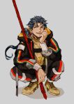  1boy alternate_costume augichii blue_hair contemporary cu_chulainn_(fate) cu_chulainn_(fate/stay_night) earrings english_commentary fang fate/stay_night fate_(series) full_body gae_bolg_(fate) hood hood_down hoodie jacket jewelry long_hair long_sleeves male_focus open_mouth pants ponytail red_eyes simple_background smile solo squatting striped sweater turtleneck watermark white_background 