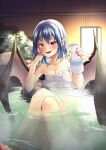  1girl absurdres blue_hair bottle breasts fang hand_on_own_face highres holding holding_bottle in_water onsen pointy_ears red_eyes remilia_scarlet rushigi0 short_hair small_breasts smile solo touhou towel 