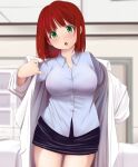  1girl black_skirt blue_shirt blurry blurry_background blush bra_through_clothes breasts collared_shirt copyright_request cowboy_shot depth_of_field dressing green_eyes head_tilt indoors kozue_akari labcoat large_breasts long_hair looking_at_viewer miniskirt parted_lips pencil_skirt redhead shirt skirt solo standing wing_collar 